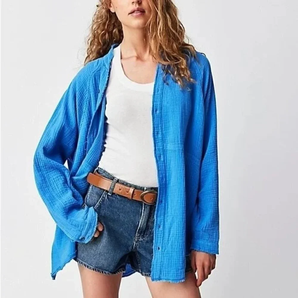 FREE PEOPLE We the Free Summer Daydream Button Down Shirt Blue Size S NEW $108